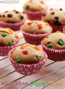 Eggless Whole Wheat Jaggery Muffins Recipe