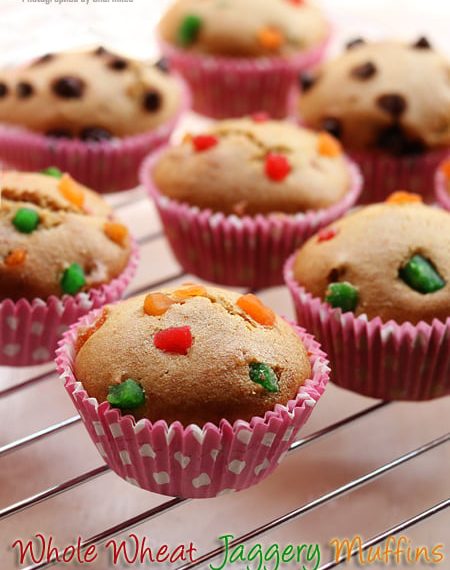Eggless Whole Wheat Jaggery Muffins Recipe
